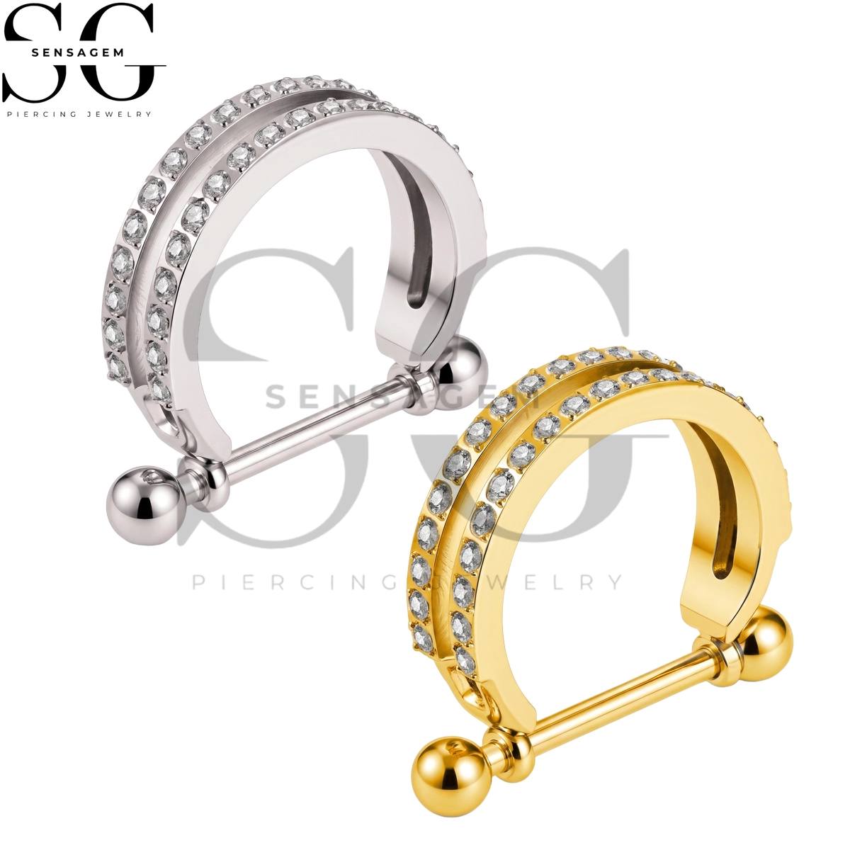 SGYS9109 ASTM F136 Titanium Nipple Shield Rings Double Row Pavé CZ Nipple Barbell