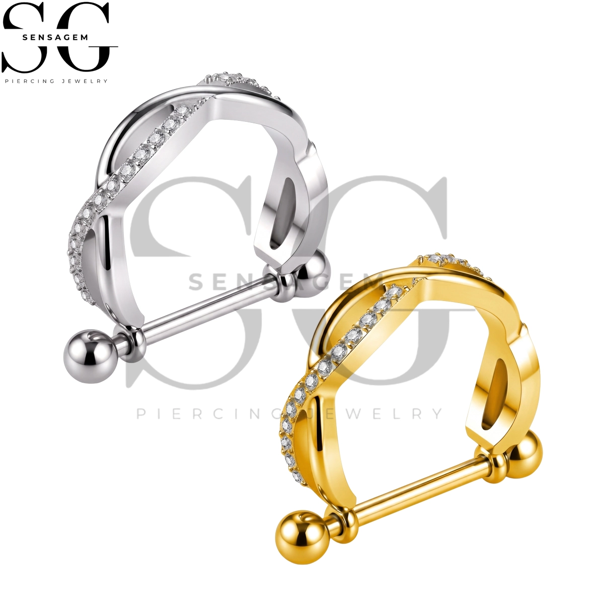 SGYS9111 ASTM F136 Titanium Nipple Shield Rings Twisted Crisscross Pavé CZ Nipple Barbell