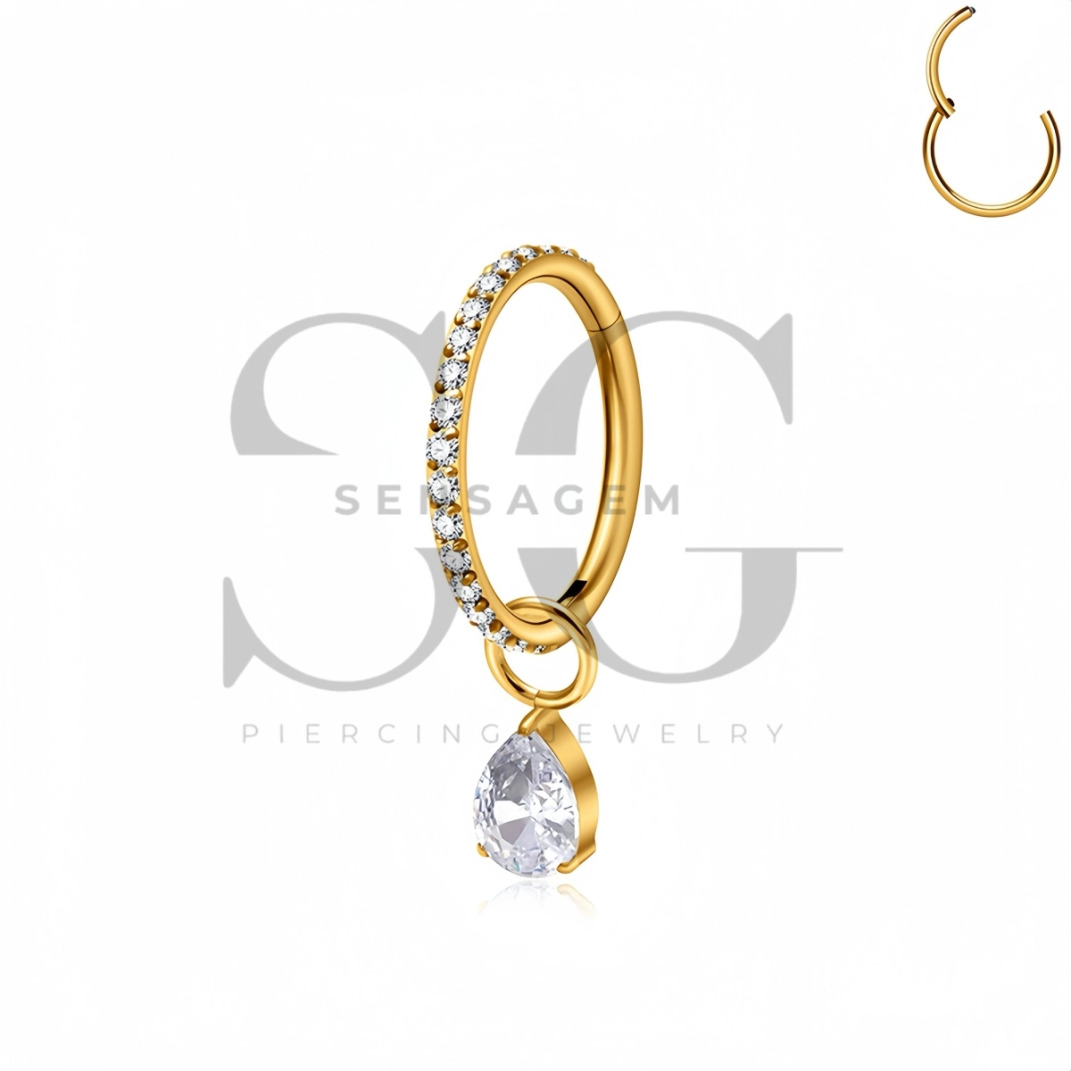 SG3286 ASTM F136 Titanium Pave Pear CZ Dangle Clicker Ring - Afbeelding 3