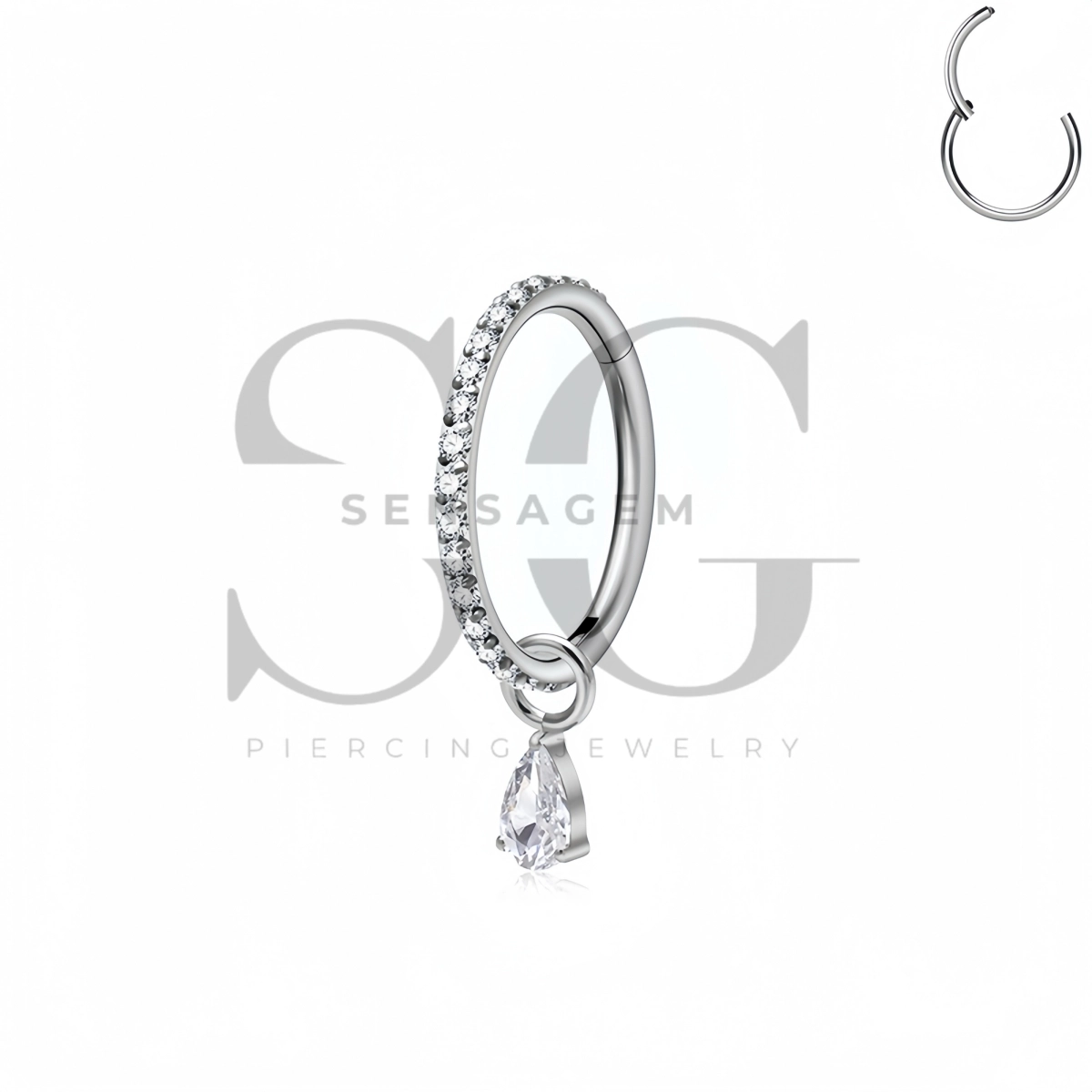 SG3286 ASTM F136 Titanium Pave Pear CZ Dangle Clicker Ring - Afbeelding 2