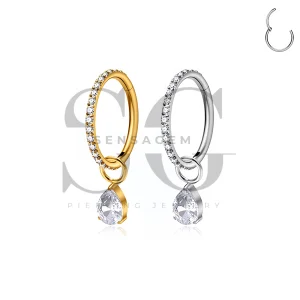 SG3286 ASTM F136 Titanium Pave Pear CZ Dangle Clicker Ring