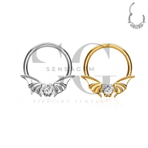 SG3293 ASTM F136 Titanium Bat Wing Heart CZ Hinged Clicker Ring