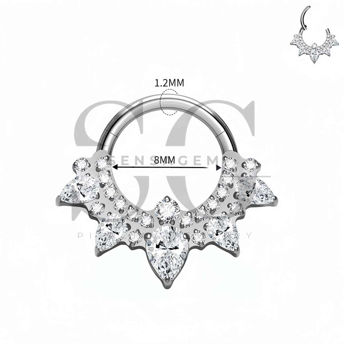 SG3300 ASTM F136 Titanium Pear CZ Crown Hinged Clicker Ring – Bild 4
