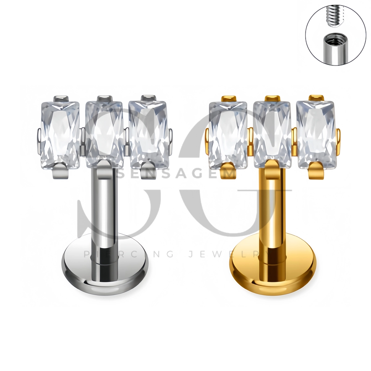 SG4509 ASTM F136 Titan Triple Baguette CZ Labret-Ohrstecker mit flacher Rückseite
