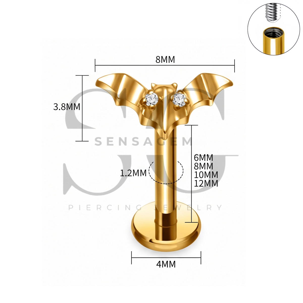 SG4511 ASTM F136 Titanium Bat CZ Flat Back Labret Stud Earring - Afbeelding 3