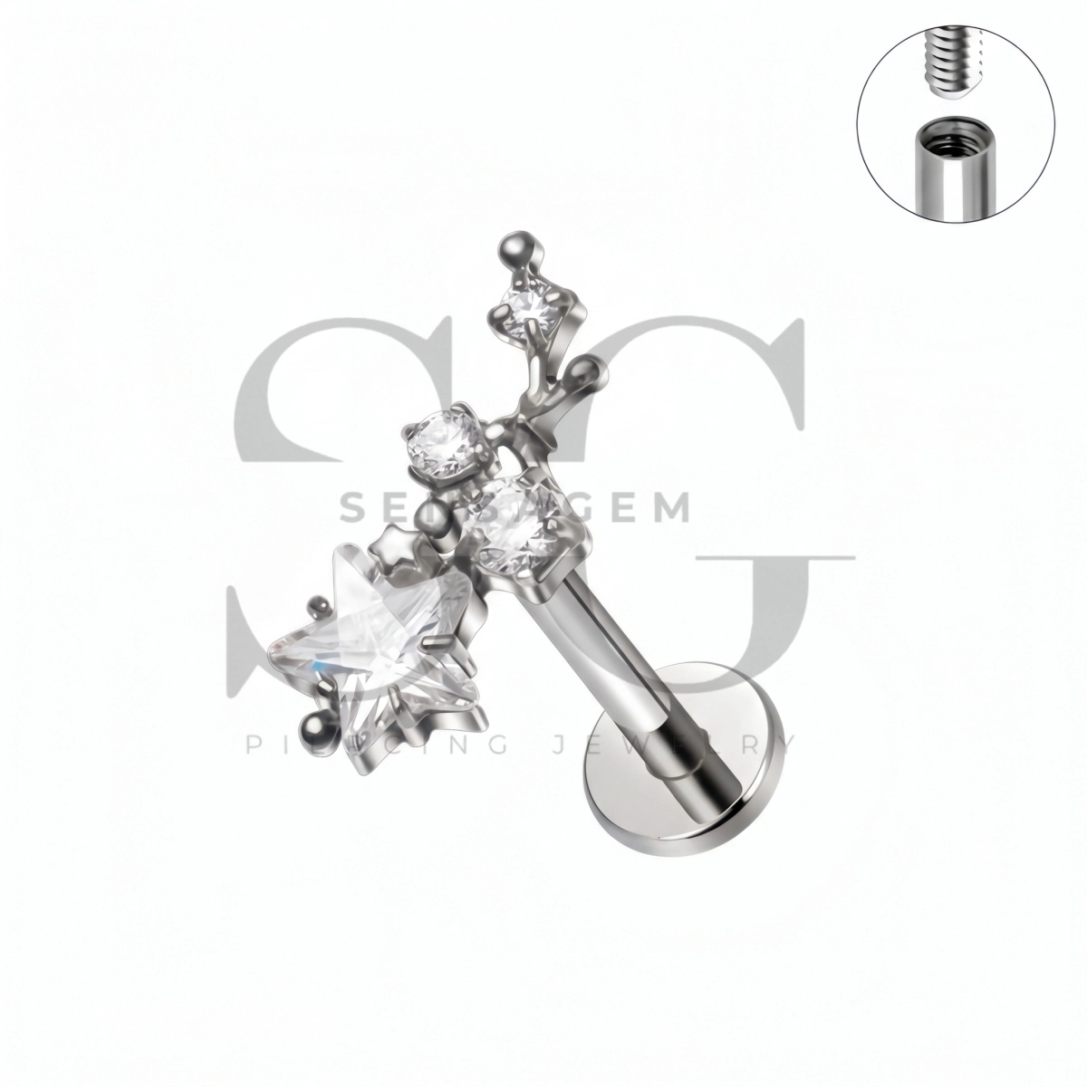 SG4512 ASTM F136 Titan-Sternhaufen-Labret-Ohrstecker mit CZ und flacher Rückseite – Bild 2
