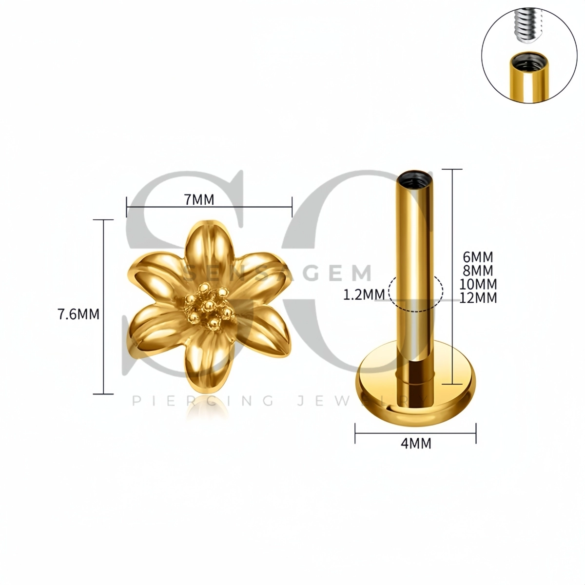 SG4513 ASTM F136 Titanium Flower Blossom Flat Back Labret Stud - Afbeelding 5