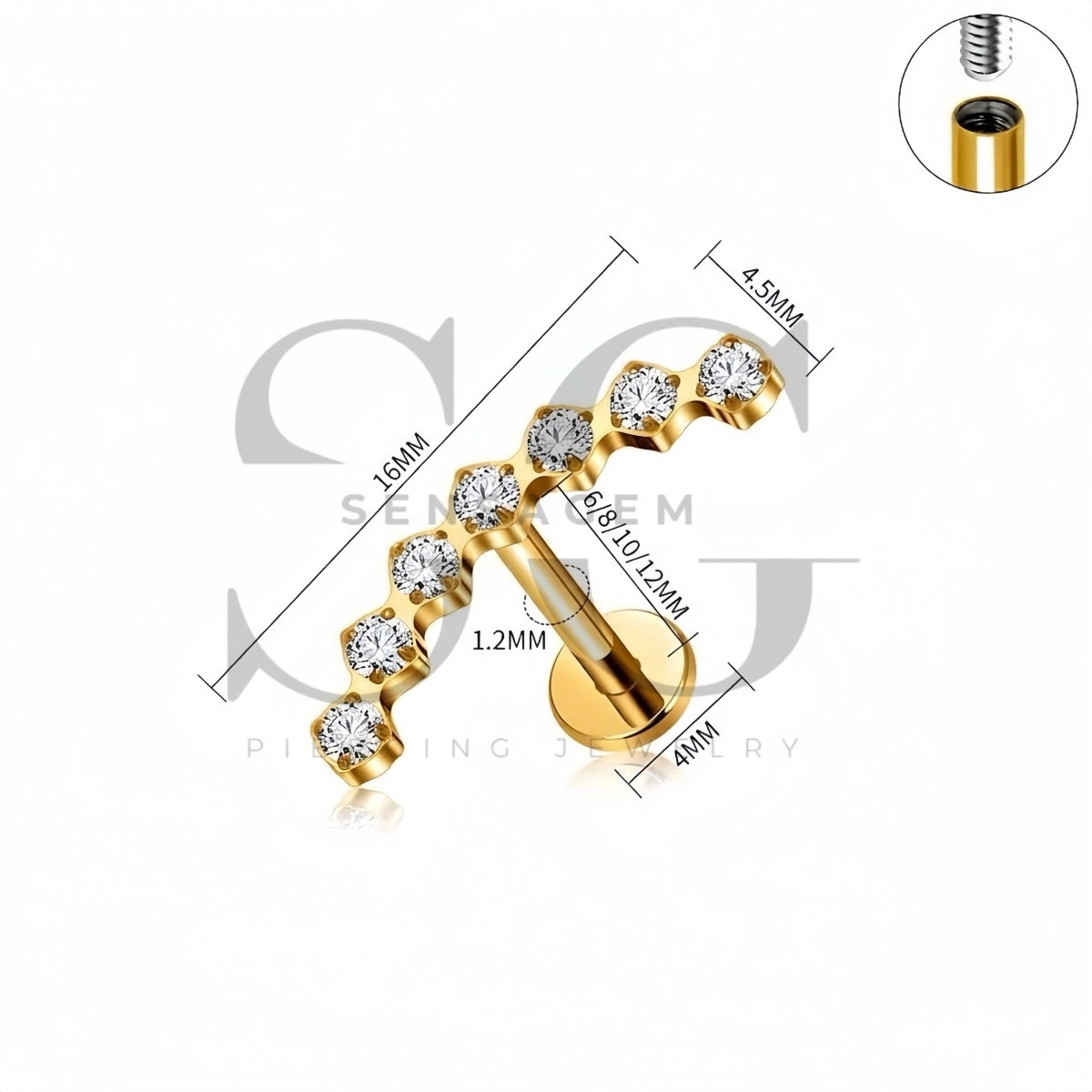 SG4514 ASTM F136 Borchia a labret con retro piatto con onda CZ curva in titanio - immagine 4