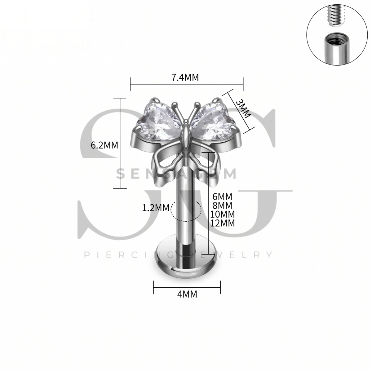 SG4517 ASTM F136 Titan-Labret-Ohrstecker mit Schmetterlingsherz und CZ und flacher Rückseite – Bild 4