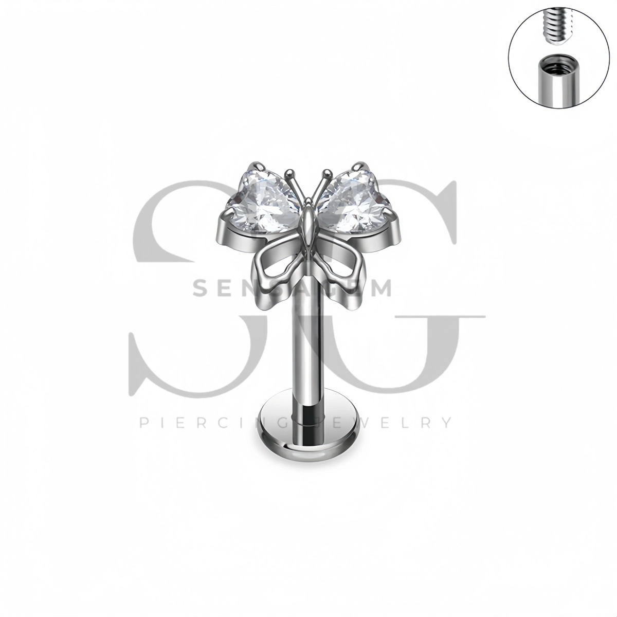 SG4517 ASTM F136 Titan-Labret-Ohrstecker mit Schmetterlingsherz und CZ und flacher Rückseite – Bild 3