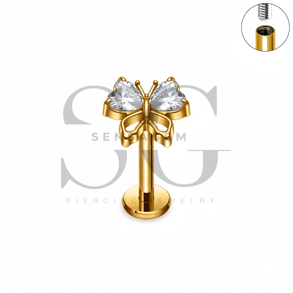 SG4517 ASTM F136 Titan-Labret-Ohrstecker mit Schmetterlingsherz und CZ und flacher Rückseite – Bild 2