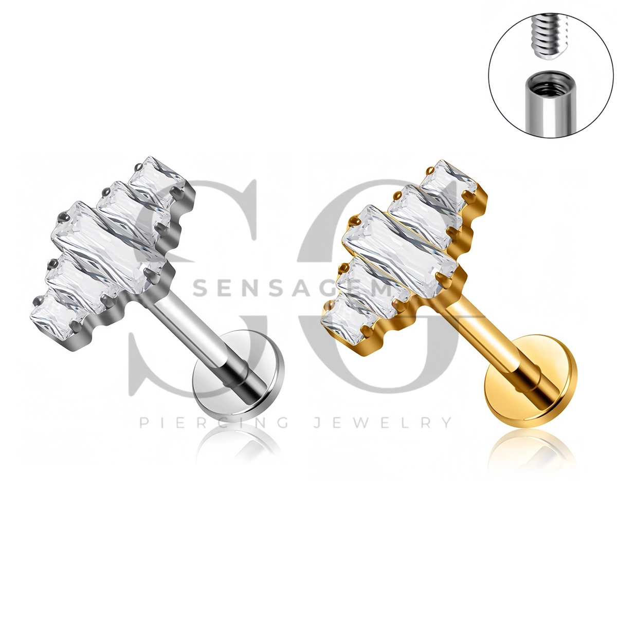 SG4519 ASTM F136 Titanium Baguette CZ Cluster Flat Back Labret Stud