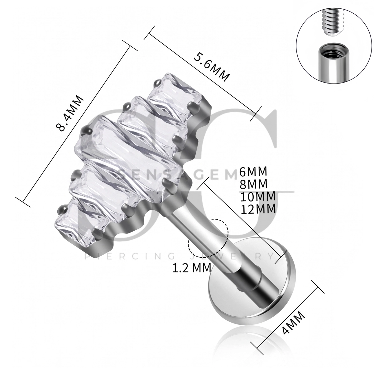 SG4519 ASTM F136 Titanium Baguette CZ Cluster Flat Back Labret Stud - Afbeelding 4