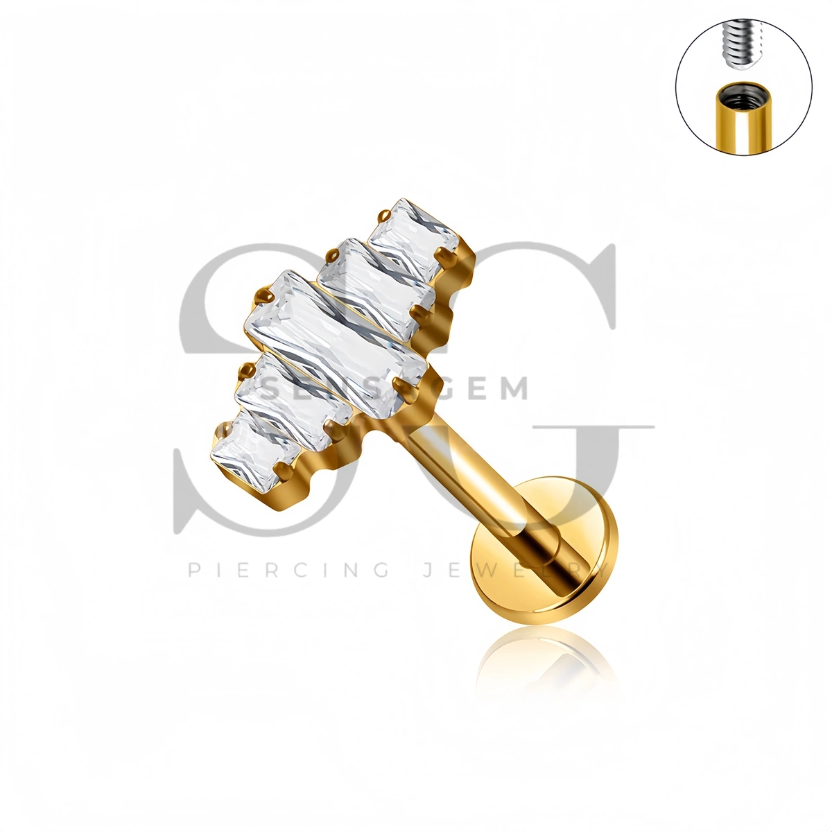 SG4519 ASTM F136 Titanium Baguette CZ Cluster Flat Back Labret Stud - Afbeelding 3