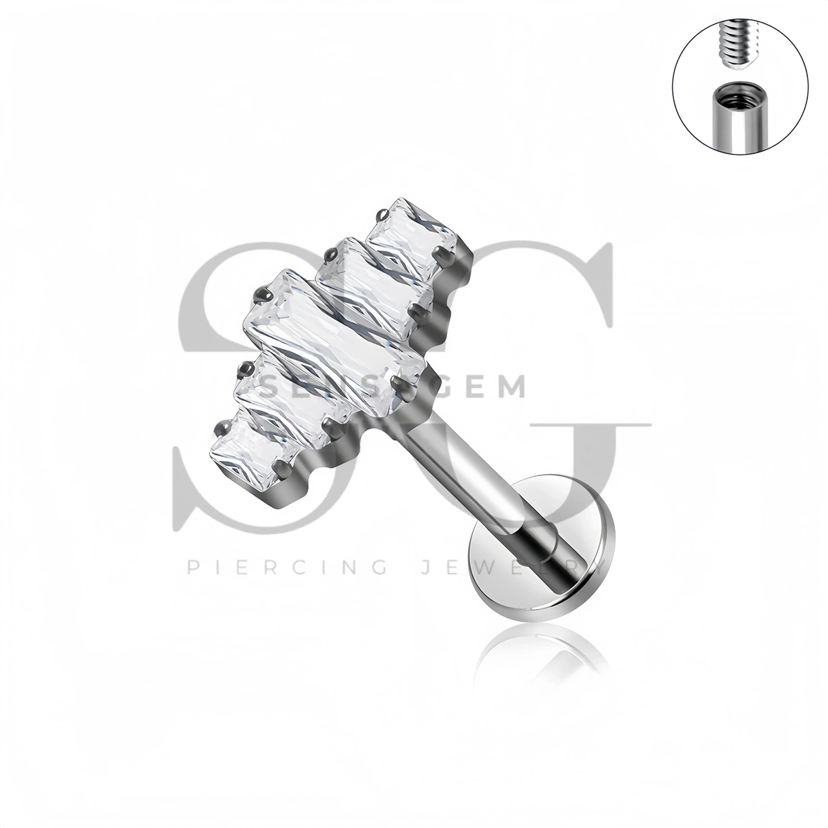 SG4519 ASTM F136 Titanium Baguette CZ Cluster Flat Back Labret Stud - Afbeelding 2