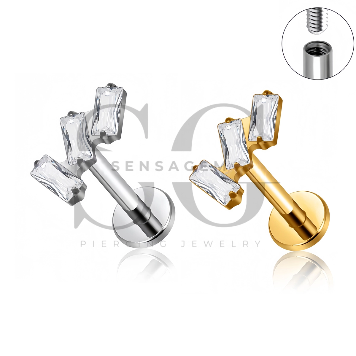 SG4520 ASTM F136 Titan Triple Baguette CZ gebogener Ohrstecker mit flacher Rückseite