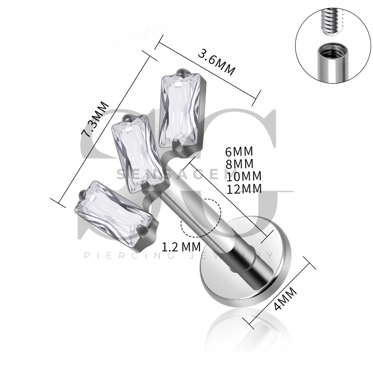 SG4520 ASTM F136 Titan Triple Baguette CZ gebogener Ohrstecker mit flacher Rückseite – Bild 4