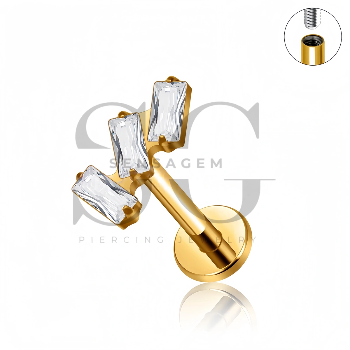 SG4520 ASTM F136 Titan Triple Baguette CZ gebogener Ohrstecker mit flacher Rückseite – Bild 3