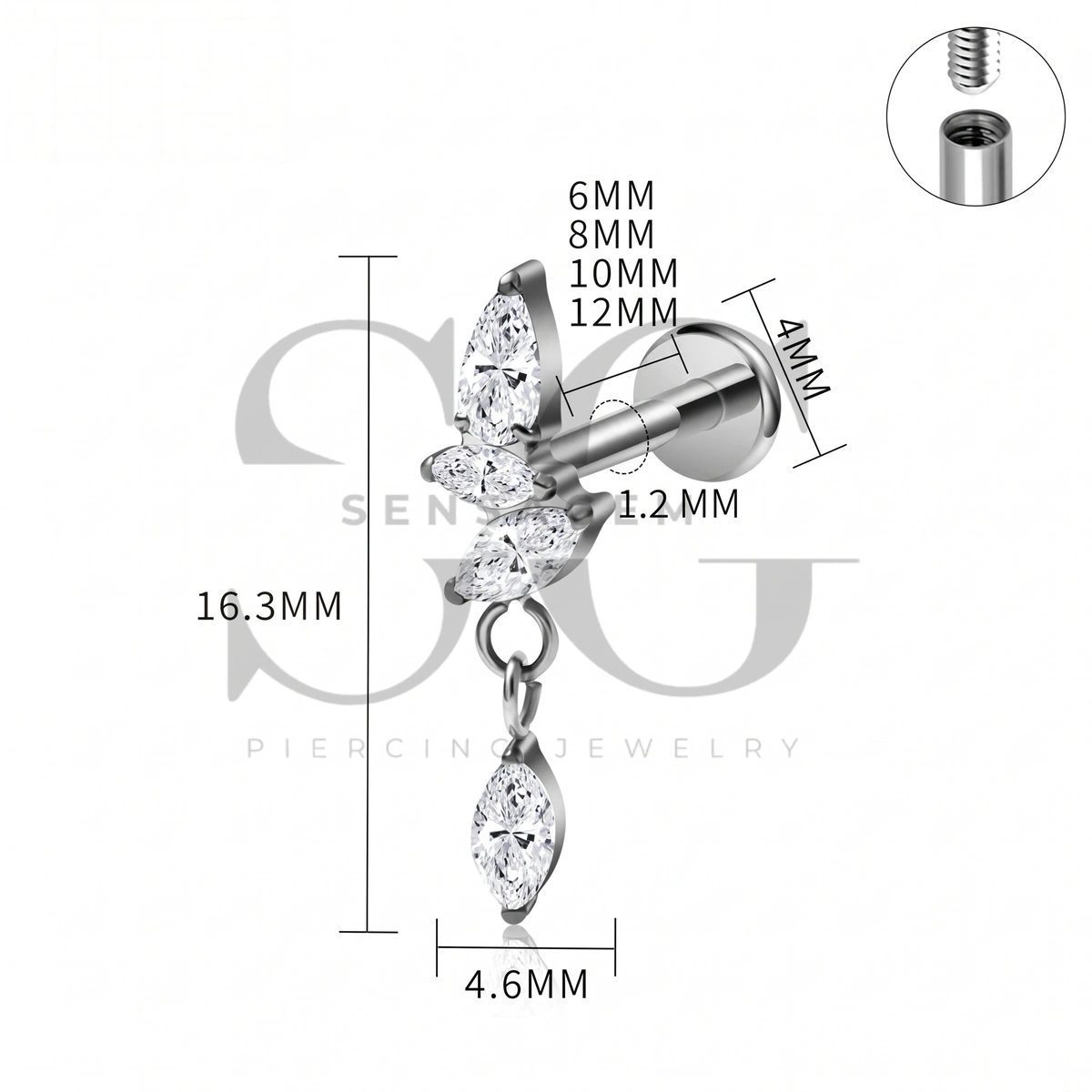 SG4522 ASTM F136 Titan Marquise CZ baumelnder Labret-Ohrstecker mit flacher Rückseite – Bild 2