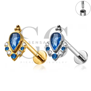 SG4526 ASTM F136 Titanium Pear CZ Halo Long Thread Labret Stud