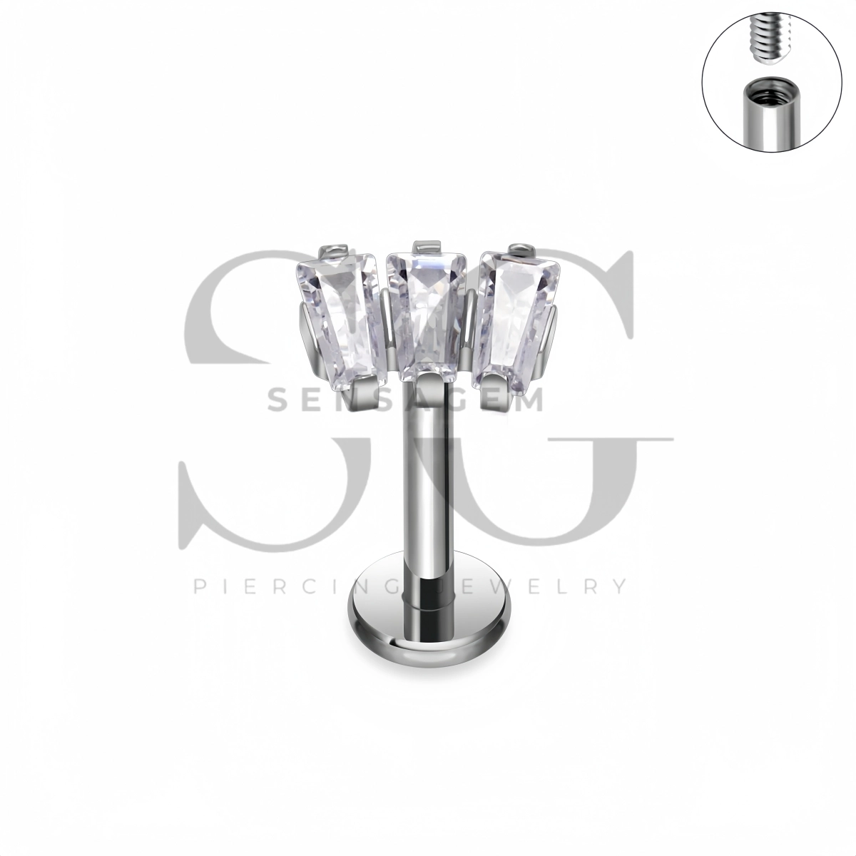 SG4530 ASTM F136 Titanium Triple Baguette CZ Flat Back Labret Stud - Afbeelding 4