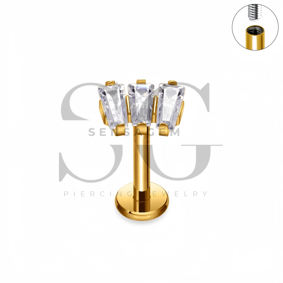 SG4530 ASTM F136 Titanium Triple Baguette CZ Flat Back Labret Stud - Afbeelding 2