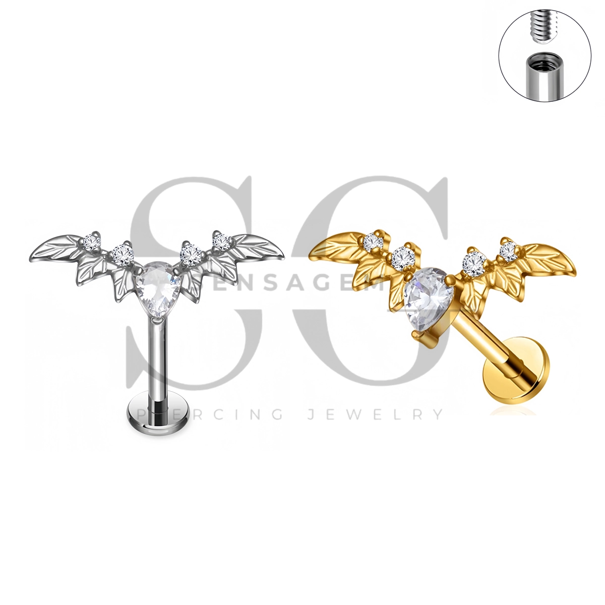 SG4532 ASTM F136 Titanium Wing Pear CZ Flat Back Labret Stud