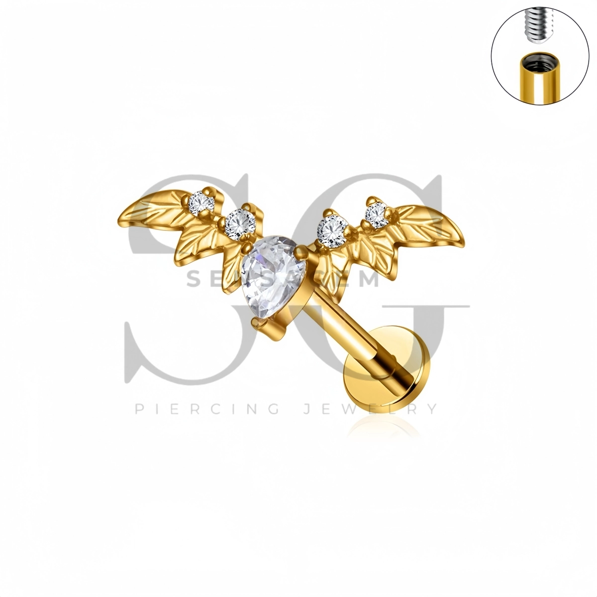 SG4532 ASTM F136 Titanium Wing Pear CZ Flat Back Labret Stud - Afbeelding 3