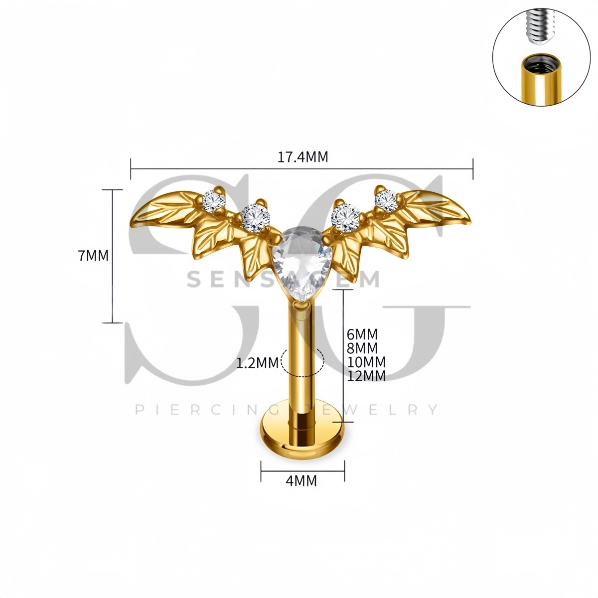 SG4532 ASTM F136 Titanium Wing Pear CZ Flat Back Labret Stud - Afbeelding 4