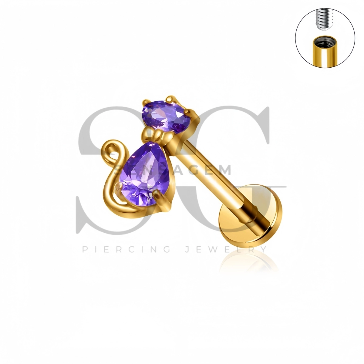 SG4533 ASTM F136 Titanium Purple CZ Cat Flat Back Labret Stud - Afbeelding 3