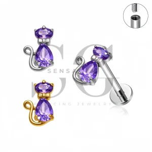 SG4533 ASTM F136 Titanium Purple CZ Cat Flat Back Labret Stud