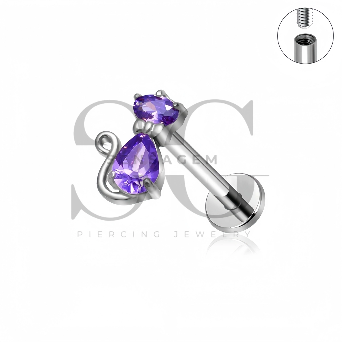 SG4533 ASTM F136 Titanium Purple CZ Cat Flat Back Labret Stud - Afbeelding 2