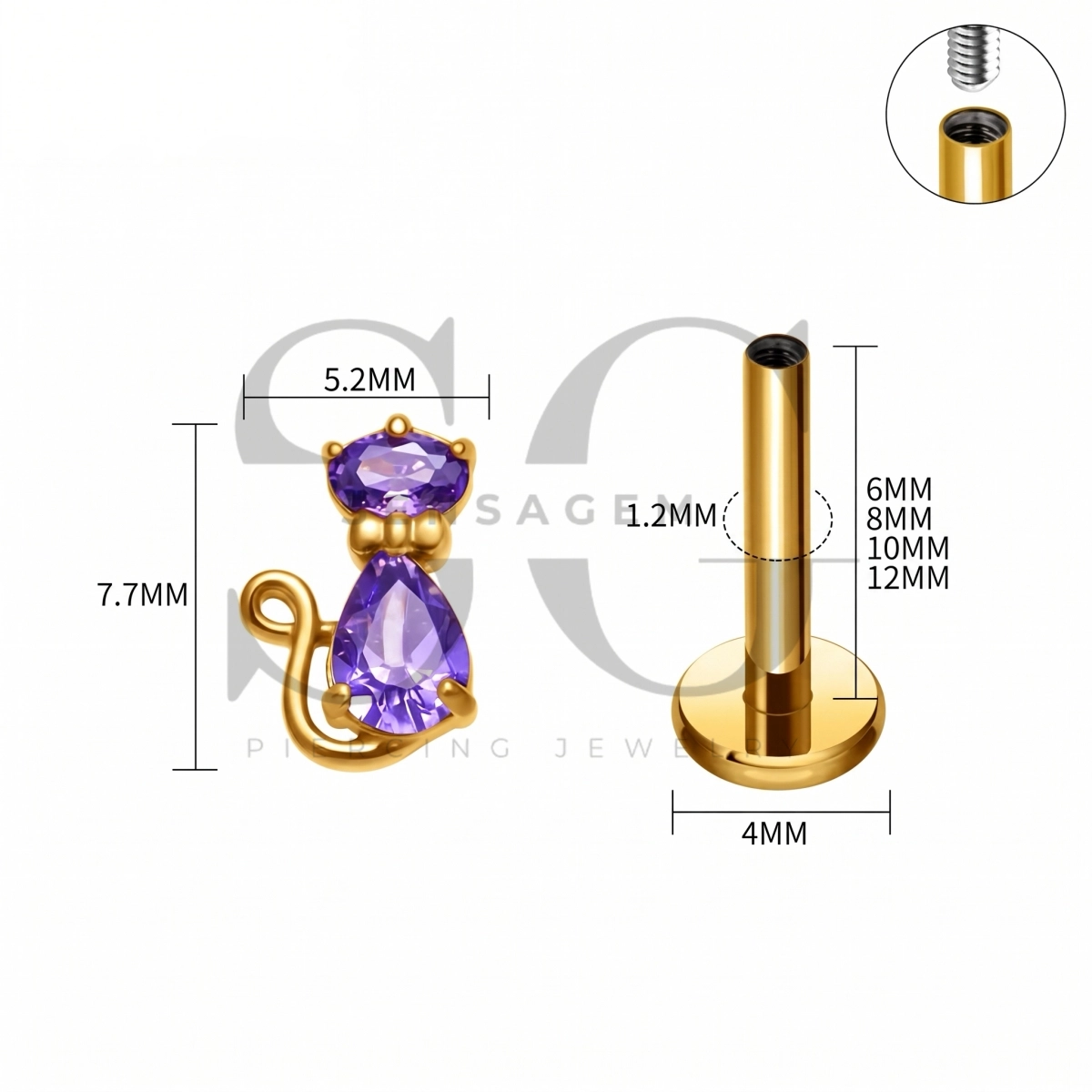 SG4533 ASTM F136 Titanium Purple CZ Cat Flat Back Labret Stud - Afbeelding 4