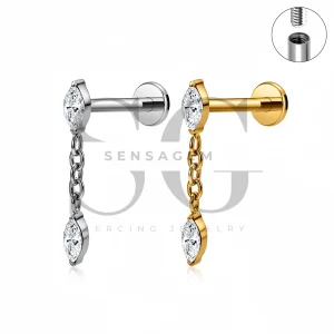 SG4536 ASTM F136 Titanium Marquise CZ Chain Dangle Flat Back Stud