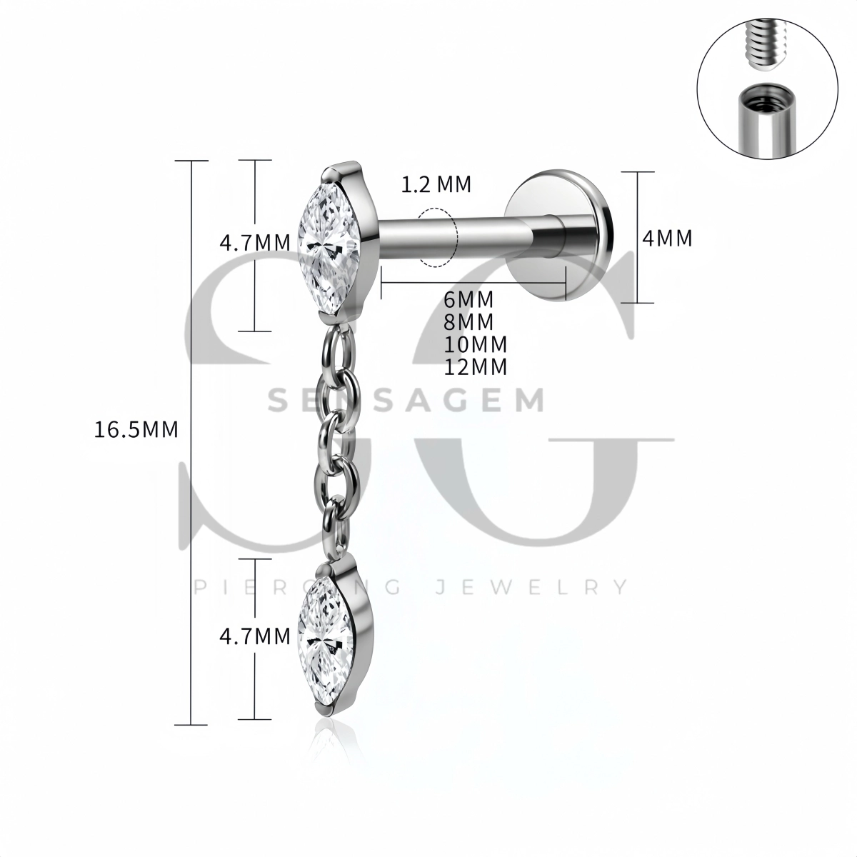 SG4536 ASTM F136 Titan-Marquise-CZ-Kettenbaum-Ohrstecker mit flacher Rückseite – Bild 4