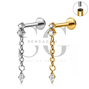 SG4537 ASTM F136 Titanium Double CZ Chain Dangle Flat Back Stud
