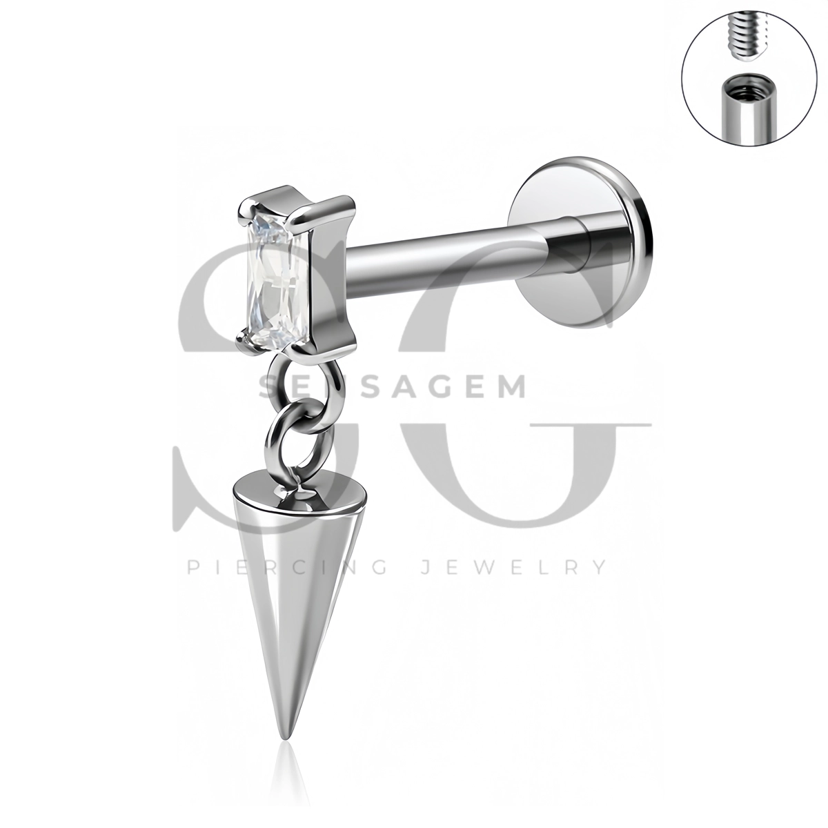 SG4539 ASTM F136 Titanium Baguette CZ Spike Dangle Labret Stud - Afbeelding 3