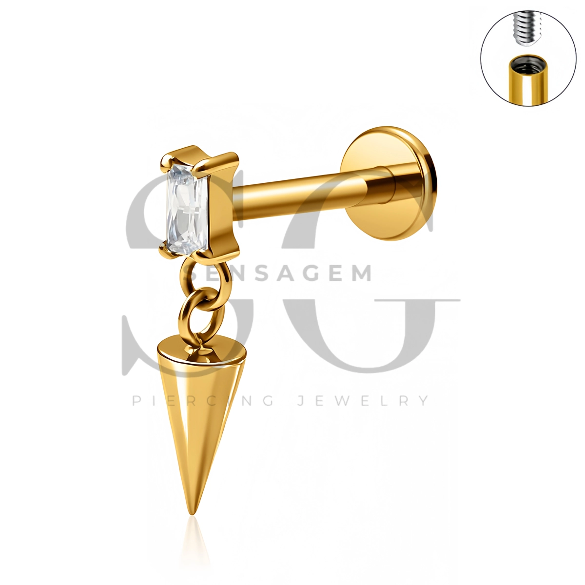 SG4539 ASTM F136 Titanium Baguette CZ Spike Dangle Labret Stud - Afbeelding 2
