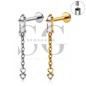 SG4540 ASTM F136 Titanium Baguette CZ Chain Dangle Flat Back Stud