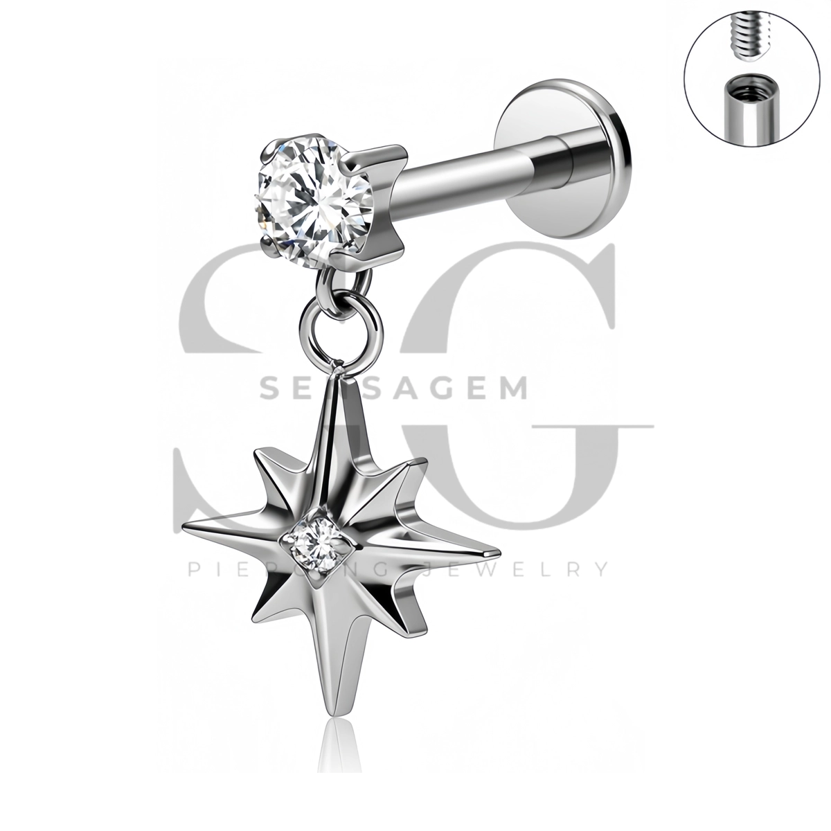 SG4541 ASTM F136 Titanium North Star CZ Dangle Flat Back Stud - Afbeelding 3