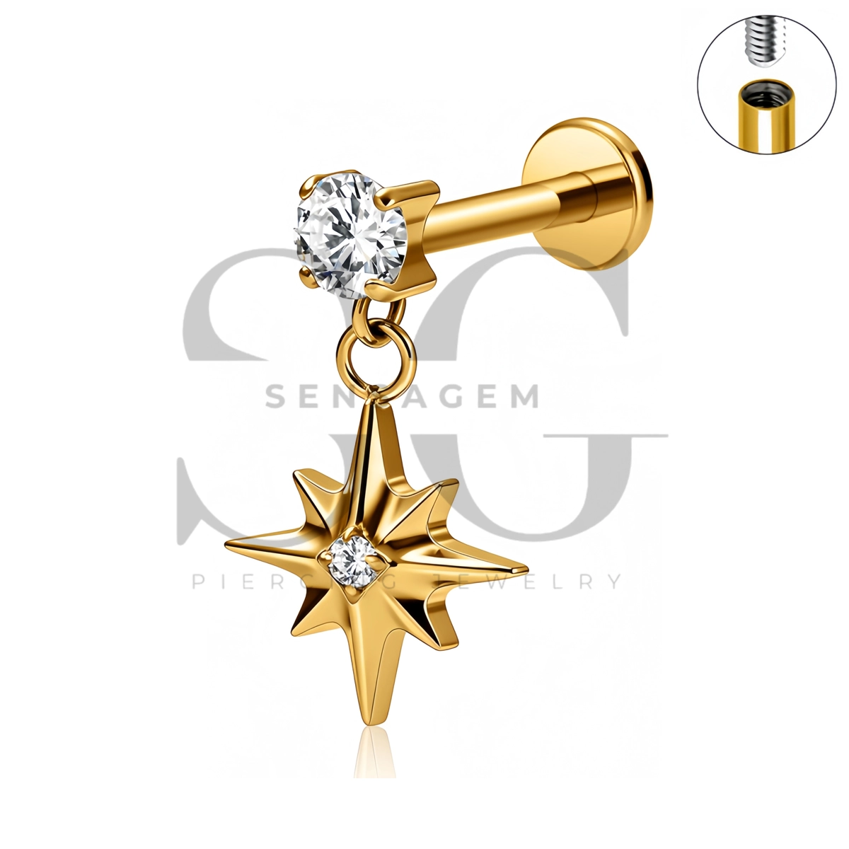 SG4541 ASTM F136 Titanium North Star CZ Dangle Flat Back Stud - Afbeelding 2