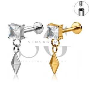 SG4545 ASTM F136 Titanium Square CZ Rhombus Dangle Flat Back Stud