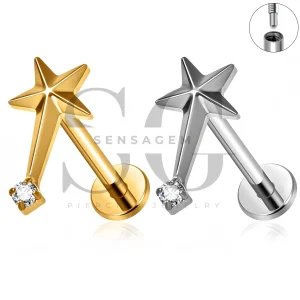 SG4548 ASTM F136 Titanium Shooting Star CZ Flat Back Long Thread Labret Stud