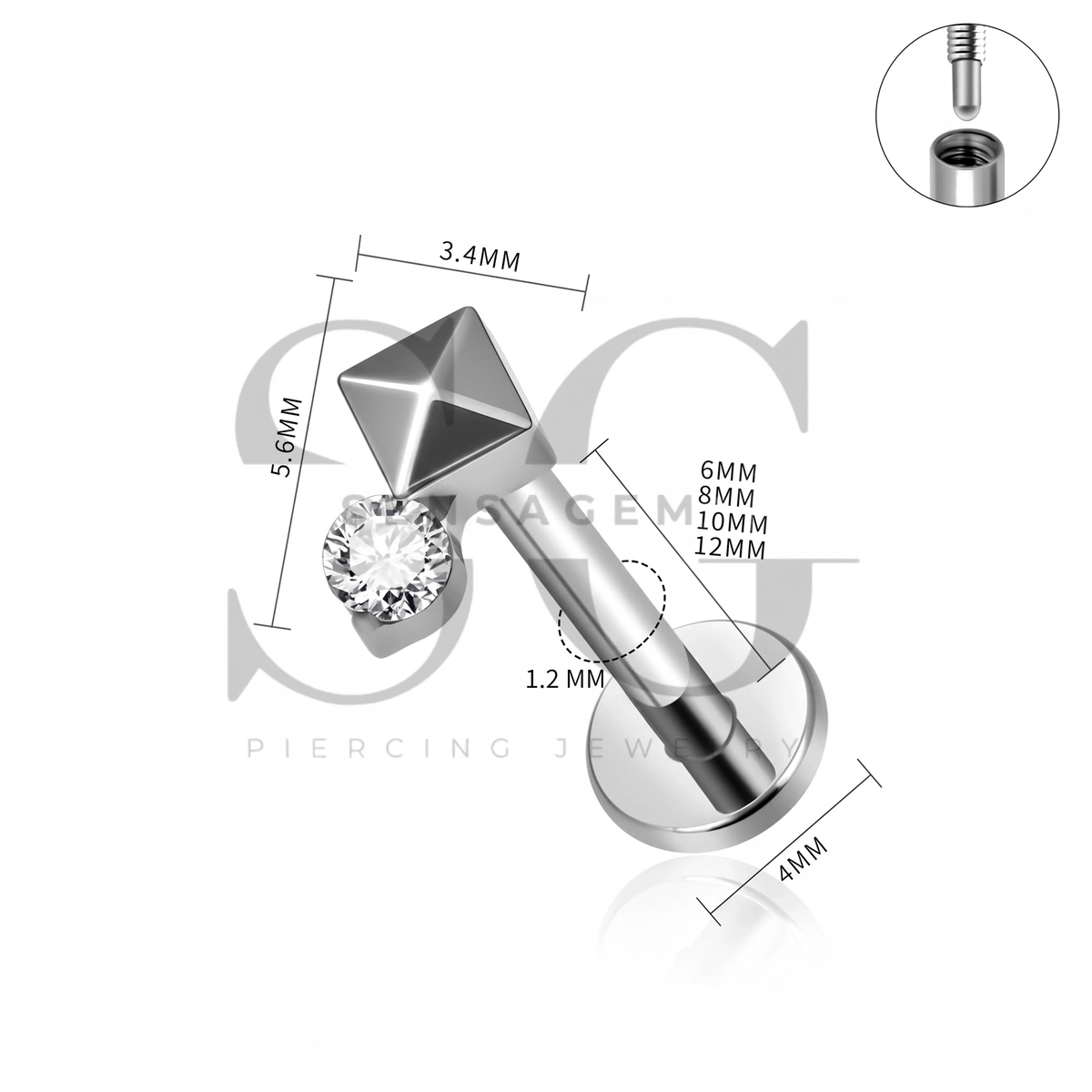 SG4549 ASTM F136 Titanium Fang CZ Flat Back Long Thread Labret Stud - Afbeelding 4