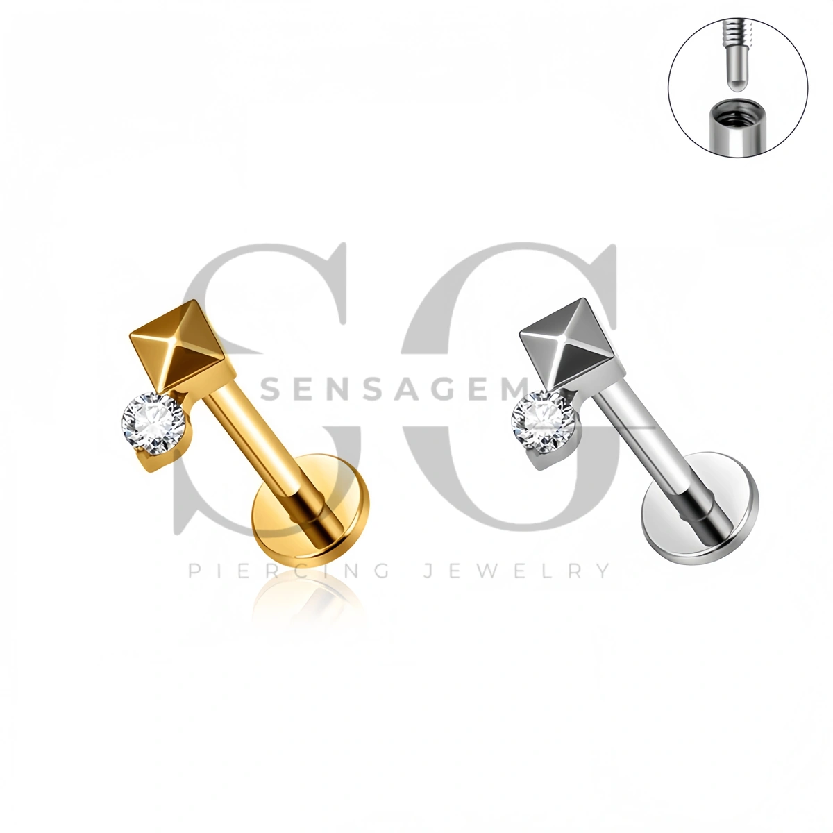 SG4549 ASTM F136 Titanium Fang CZ Flat Back Long Thread Labret Stud