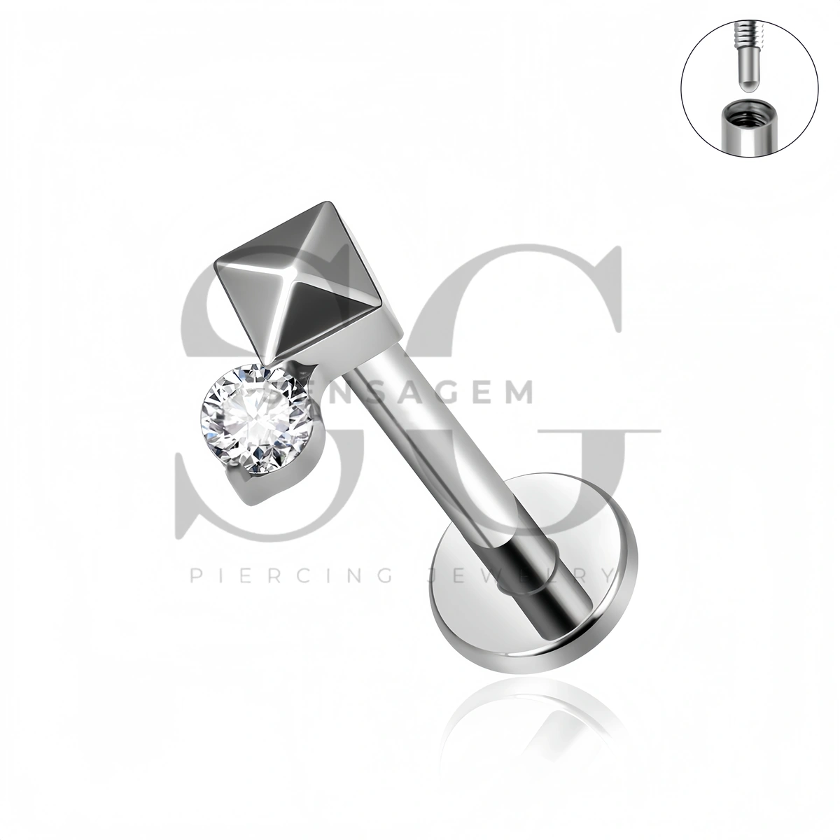 SG4549 ASTM F136 Titanium Fang CZ Flat Back Long Thread Labret Stud - Afbeelding 3
