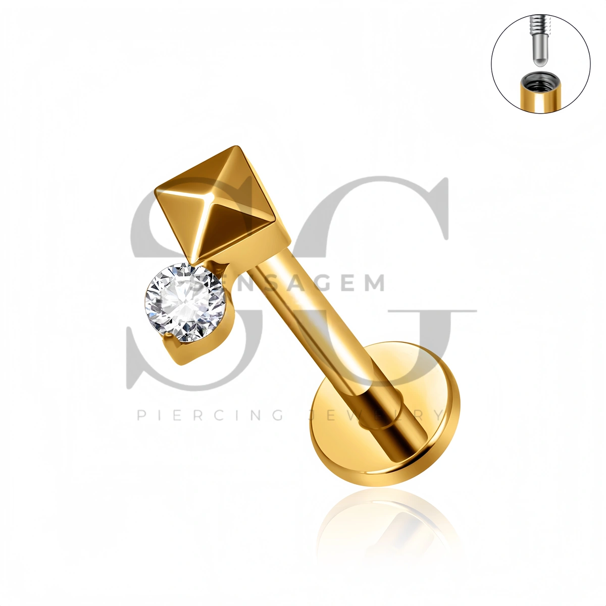 SG4549 ASTM F136 Titanium Fang CZ Flat Back Long Thread Labret Stud - Afbeelding 2