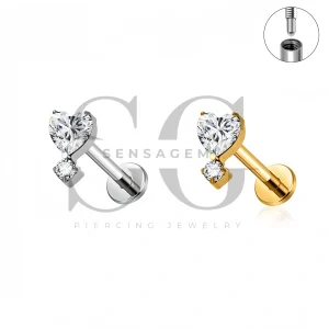 SG4550 ASTM F136 Titanium Heart CZ Fang Flat Back Long Thread Labret Stud