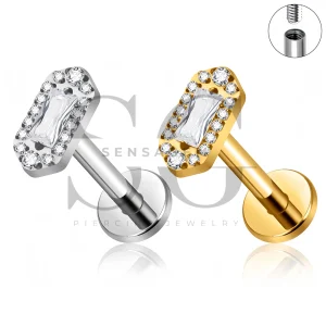 SG4551 ASTM F136 Titanium Baguette CZ Halo Flat Back Labret Stud