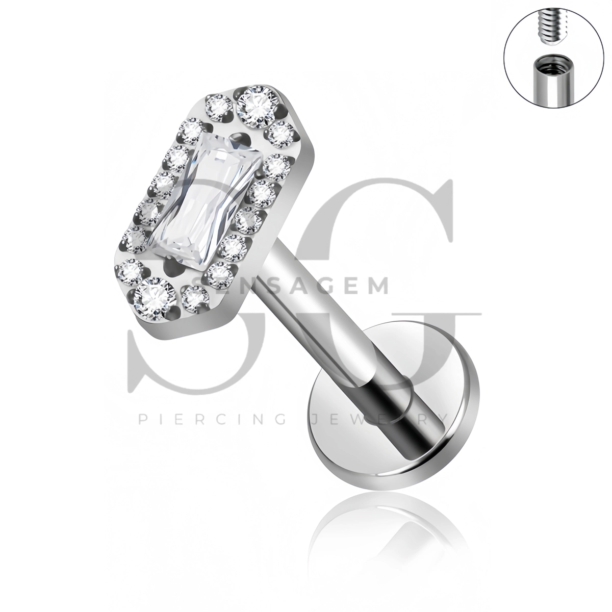 SG4551 ASTM F136 Titanium Baguette CZ Halo Flat Back Labret Stud - Afbeelding 3